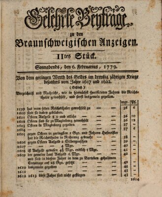 Braunschweigische Anzeigen. Gelehrte Beyträge zu den Braunschweigischen Anzeigen (Braunschweigische Anzeigen) Samstag 6. Februar 1779