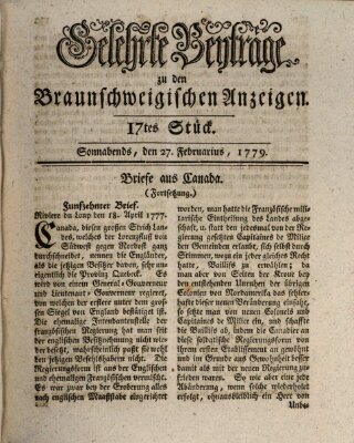 Braunschweigische Anzeigen. Gelehrte Beyträge zu den Braunschweigischen Anzeigen (Braunschweigische Anzeigen) Samstag 27. Februar 1779