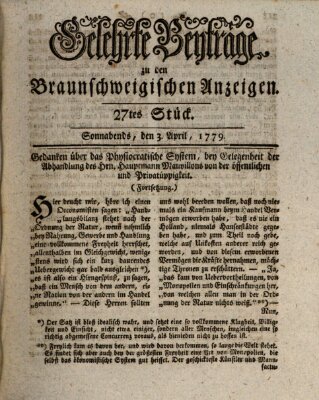 Braunschweigische Anzeigen. Gelehrte Beyträge zu den Braunschweigischen Anzeigen (Braunschweigische Anzeigen) Samstag 3. April 1779