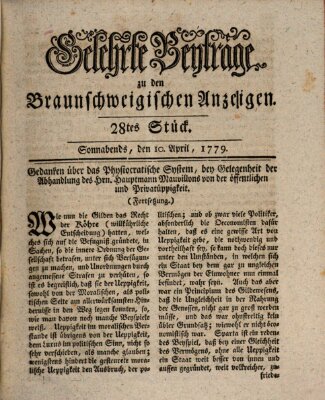 Braunschweigische Anzeigen. Gelehrte Beyträge zu den Braunschweigischen Anzeigen (Braunschweigische Anzeigen) Samstag 10. April 1779