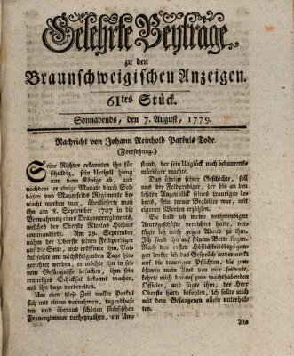 Braunschweigische Anzeigen. Gelehrte Beyträge zu den Braunschweigischen Anzeigen (Braunschweigische Anzeigen) Samstag 7. August 1779