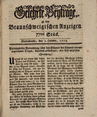 Braunschweigische Anzeigen. Gelehrte Beyträge zu den Braunschweigischen Anzeigen (Braunschweigische Anzeigen) Samstag 2. Oktober 1779