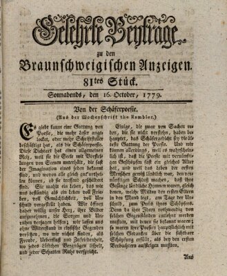 Braunschweigische Anzeigen. Gelehrte Beyträge zu den Braunschweigischen Anzeigen (Braunschweigische Anzeigen) Samstag 16. Oktober 1779