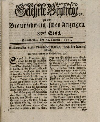 Braunschweigische Anzeigen. Gelehrte Beyträge zu den Braunschweigischen Anzeigen (Braunschweigische Anzeigen) Samstag 23. Oktober 1779