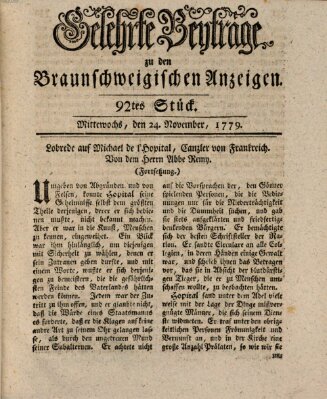 Braunschweigische Anzeigen. Gelehrte Beyträge zu den Braunschweigischen Anzeigen (Braunschweigische Anzeigen) Mittwoch 24. November 1779