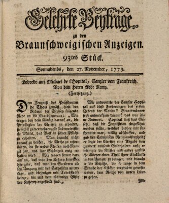 Braunschweigische Anzeigen. Gelehrte Beyträge zu den Braunschweigischen Anzeigen (Braunschweigische Anzeigen) Samstag 27. November 1779