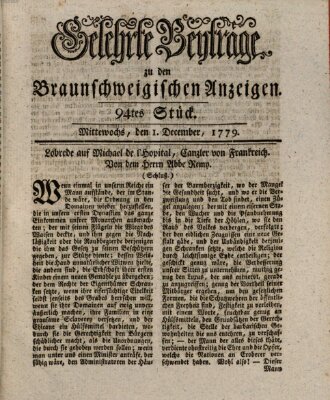 Braunschweigische Anzeigen. Gelehrte Beyträge zu den Braunschweigischen Anzeigen (Braunschweigische Anzeigen) Mittwoch 1. Dezember 1779