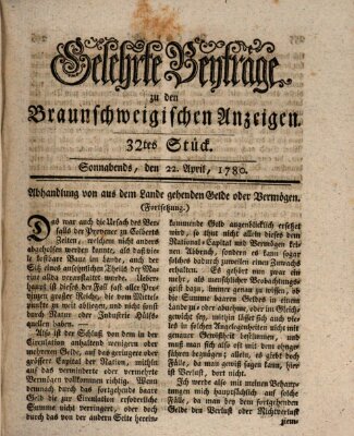 Braunschweigische Anzeigen. Gelehrte Beyträge zu den Braunschweigischen Anzeigen (Braunschweigische Anzeigen) Samstag 22. April 1780