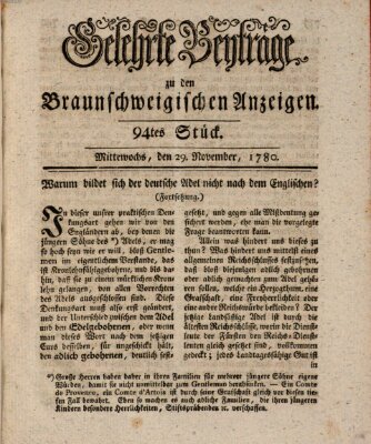 Braunschweigische Anzeigen. Gelehrte Beyträge zu den Braunschweigischen Anzeigen (Braunschweigische Anzeigen) Mittwoch 29. November 1780