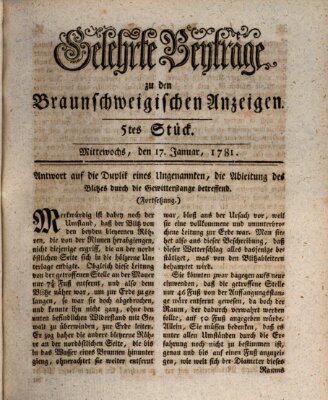 Braunschweigische Anzeigen. Gelehrte Beyträge zu den Braunschweigischen Anzeigen (Braunschweigische Anzeigen) Mittwoch 17. Januar 1781