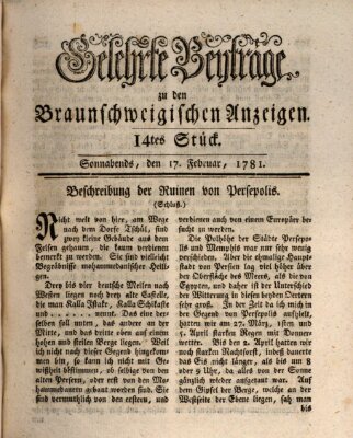 Braunschweigische Anzeigen. Gelehrte Beyträge zu den Braunschweigischen Anzeigen (Braunschweigische Anzeigen) Samstag 17. Februar 1781