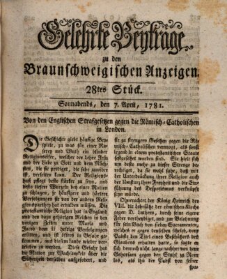 Braunschweigische Anzeigen. Gelehrte Beyträge zu den Braunschweigischen Anzeigen (Braunschweigische Anzeigen) Samstag 7. April 1781