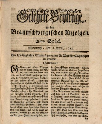 Braunschweigische Anzeigen. Gelehrte Beyträge zu den Braunschweigischen Anzeigen (Braunschweigische Anzeigen) Mittwoch 11. April 1781