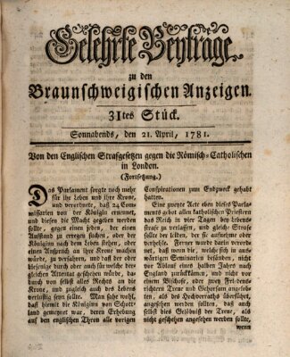 Braunschweigische Anzeigen. Gelehrte Beyträge zu den Braunschweigischen Anzeigen (Braunschweigische Anzeigen) Samstag 21. April 1781