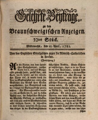 Braunschweigische Anzeigen. Gelehrte Beyträge zu den Braunschweigischen Anzeigen (Braunschweigische Anzeigen) Mittwoch 25. April 1781