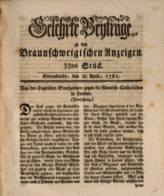 Braunschweigische Anzeigen. Gelehrte Beyträge zu den Braunschweigischen Anzeigen (Braunschweigische Anzeigen) Saturday 28. April 1781