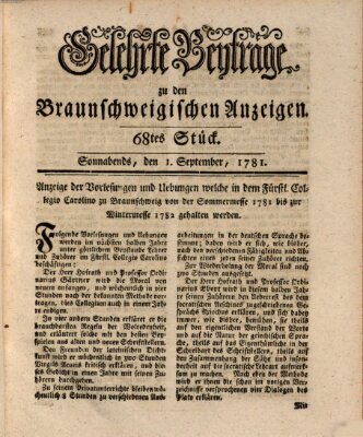 Braunschweigische Anzeigen. Gelehrte Beyträge zu den Braunschweigischen Anzeigen (Braunschweigische Anzeigen) Samstag 1. September 1781