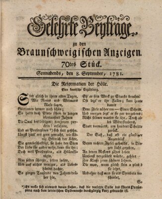 Braunschweigische Anzeigen. Gelehrte Beyträge zu den Braunschweigischen Anzeigen (Braunschweigische Anzeigen) Samstag 8. September 1781