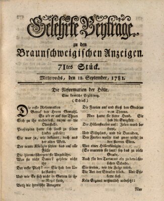 Braunschweigische Anzeigen. Gelehrte Beyträge zu den Braunschweigischen Anzeigen (Braunschweigische Anzeigen) Mittwoch 12. September 1781