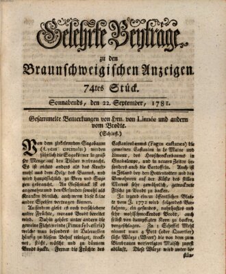 Braunschweigische Anzeigen. Gelehrte Beyträge zu den Braunschweigischen Anzeigen (Braunschweigische Anzeigen) Samstag 22. September 1781