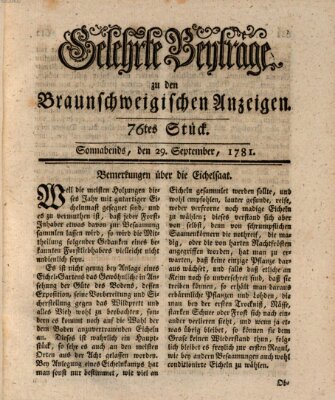 Braunschweigische Anzeigen. Gelehrte Beyträge zu den Braunschweigischen Anzeigen (Braunschweigische Anzeigen) Samstag 29. September 1781