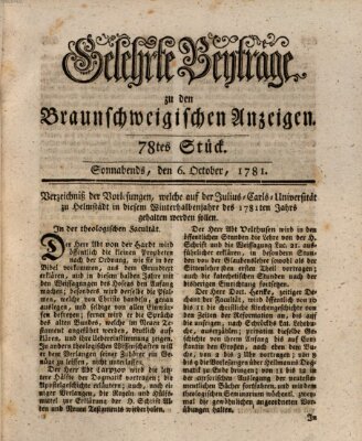 Braunschweigische Anzeigen. Gelehrte Beyträge zu den Braunschweigischen Anzeigen (Braunschweigische Anzeigen) Samstag 6. Oktober 1781