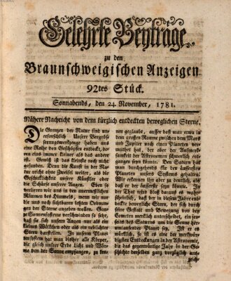 Braunschweigische Anzeigen. Gelehrte Beyträge zu den Braunschweigischen Anzeigen (Braunschweigische Anzeigen) Samstag 24. November 1781