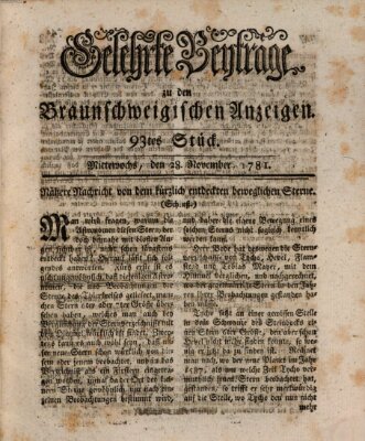 Braunschweigische Anzeigen. Gelehrte Beyträge zu den Braunschweigischen Anzeigen (Braunschweigische Anzeigen) Mittwoch 28. November 1781