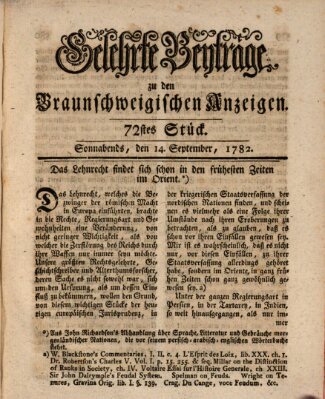 Braunschweigische Anzeigen. Gelehrte Beyträge zu den Braunschweigischen Anzeigen (Braunschweigische Anzeigen) Samstag 14. September 1782