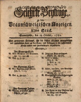 Braunschweigische Anzeigen. Gelehrte Beyträge zu den Braunschweigischen Anzeigen (Braunschweigische Anzeigen) Samstag 19. Oktober 1782