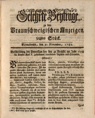 Braunschweigische Anzeigen. Gelehrte Beyträge zu den Braunschweigischen Anzeigen (Braunschweigische Anzeigen) Samstag 30. November 1782