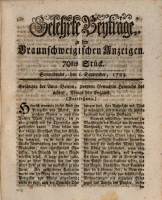 Braunschweigische Anzeigen. Gelehrte Beyträge zu den Braunschweigischen Anzeigen (Braunschweigische Anzeigen) Samstag 6. September 1783