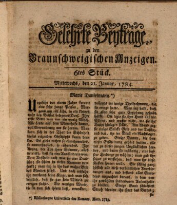 Braunschweigische Anzeigen. Gelehrte Beyträge zu den Braunschweigischen Anzeigen (Braunschweigische Anzeigen) Mittwoch 21. Januar 1784