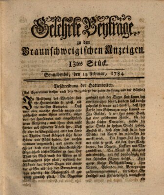 Braunschweigische Anzeigen. Gelehrte Beyträge zu den Braunschweigischen Anzeigen (Braunschweigische Anzeigen) Samstag 14. Februar 1784