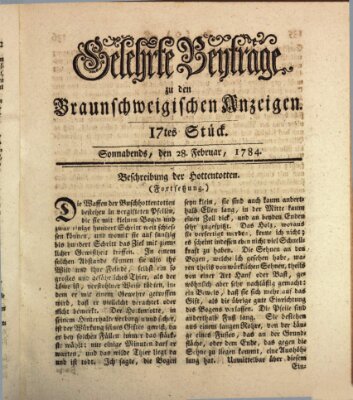 Braunschweigische Anzeigen. Gelehrte Beyträge zu den Braunschweigischen Anzeigen (Braunschweigische Anzeigen) Samstag 28. Februar 1784