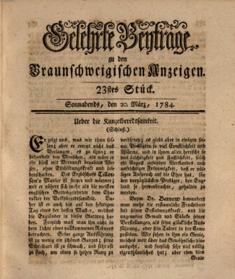 Braunschweigische Anzeigen. Gelehrte Beyträge zu den Braunschweigischen Anzeigen (Braunschweigische Anzeigen) Samstag 20. März 1784