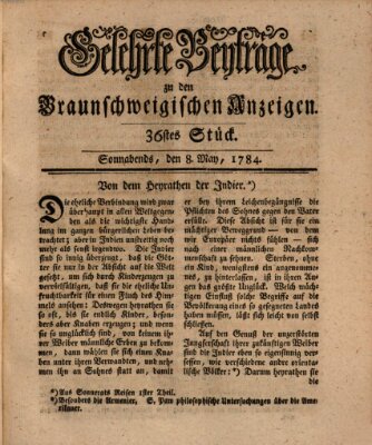 Braunschweigische Anzeigen. Gelehrte Beyträge zu den Braunschweigischen Anzeigen (Braunschweigische Anzeigen) Samstag 8. Mai 1784