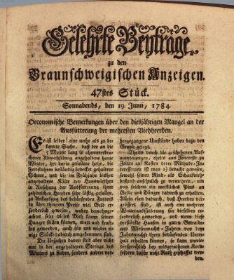 Braunschweigische Anzeigen. Gelehrte Beyträge zu den Braunschweigischen Anzeigen (Braunschweigische Anzeigen) Samstag 19. Juni 1784