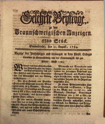 Braunschweigische Anzeigen. Gelehrte Beyträge zu den Braunschweigischen Anzeigen (Braunschweigische Anzeigen) Samstag 21. August 1784