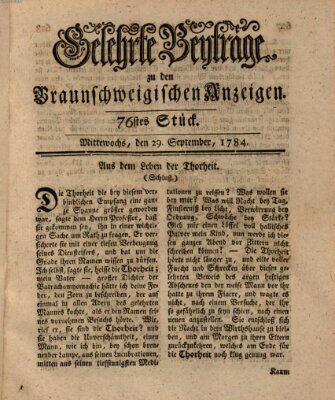 Braunschweigische Anzeigen. Gelehrte Beyträge zu den Braunschweigischen Anzeigen (Braunschweigische Anzeigen) Mittwoch 29. September 1784