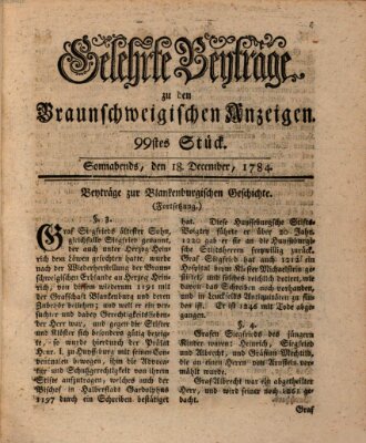 Braunschweigische Anzeigen. Gelehrte Beyträge zu den Braunschweigischen Anzeigen (Braunschweigische Anzeigen) Samstag 18. Dezember 1784