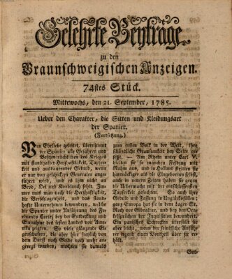 Braunschweigische Anzeigen. Gelehrte Beyträge zu den Braunschweigischen Anzeigen (Braunschweigische Anzeigen) Mittwoch 21. September 1785