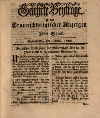 Braunschweigische Anzeigen. Gelehrte Beyträge zu den Braunschweigischen Anzeigen (Braunschweigische Anzeigen) Samstag 1. April 1786