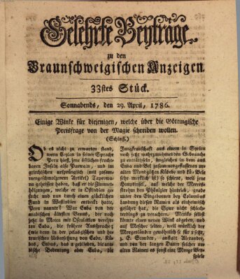 Braunschweigische Anzeigen. Gelehrte Beyträge zu den Braunschweigischen Anzeigen (Braunschweigische Anzeigen) Samstag 29. April 1786