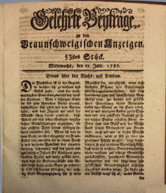 Braunschweigische Anzeigen. Gelehrte Beyträge zu den Braunschweigischen Anzeigen (Braunschweigische Anzeigen) Mittwoch 12. Juli 1786