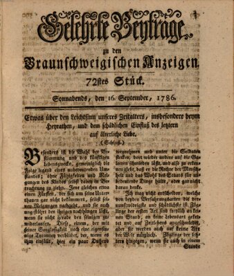 Braunschweigische Anzeigen. Gelehrte Beyträge zu den Braunschweigischen Anzeigen (Braunschweigische Anzeigen) Samstag 16. September 1786