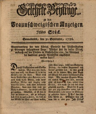 Braunschweigische Anzeigen. Gelehrte Beyträge zu den Braunschweigischen Anzeigen (Braunschweigische Anzeigen) Samstag 30. September 1786