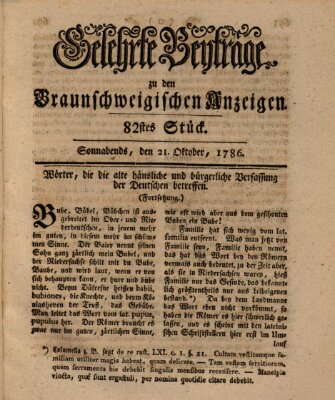 Braunschweigische Anzeigen. Gelehrte Beyträge zu den Braunschweigischen Anzeigen (Braunschweigische Anzeigen) Samstag 21. Oktober 1786