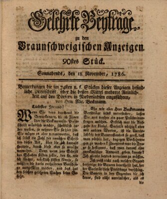 Braunschweigische Anzeigen. Gelehrte Beyträge zu den Braunschweigischen Anzeigen (Braunschweigische Anzeigen) Samstag 18. November 1786