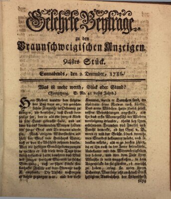 Braunschweigische Anzeigen. Gelehrte Beyträge zu den Braunschweigischen Anzeigen (Braunschweigische Anzeigen) Samstag 2. Dezember 1786